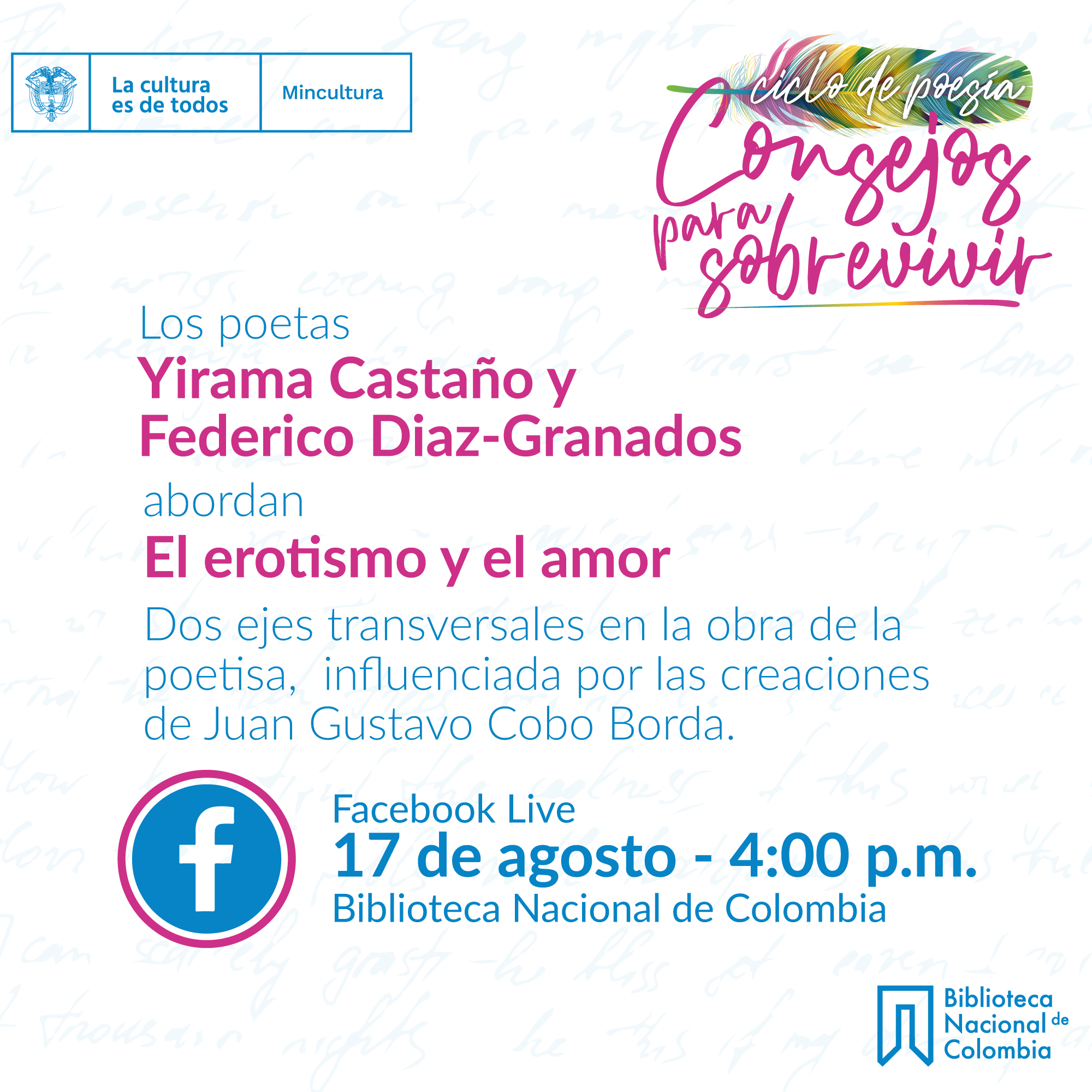 Ciclo de poesía Consejos para sobrevivir con Yirama Castaño y Federico Diaz-Granados